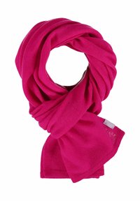 Sciarpa fucsia realizzata in tessuto morbido, con un design torcato. Presenta un piccolo etichetta di marca su un'estremità, con una texture liscia su tutta la superficie.