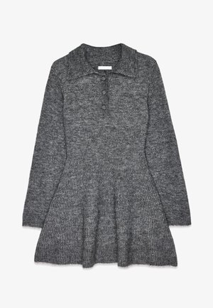 Grey knit sweater dress with a collared neckline, button placket, long sleeves, and flared skirt. Textured fabric with a soft finish.