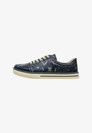 Navy blue sneakers with white rubber sole, patterned with whimsical designs including stars, owls, and various symbols in pastel colors.