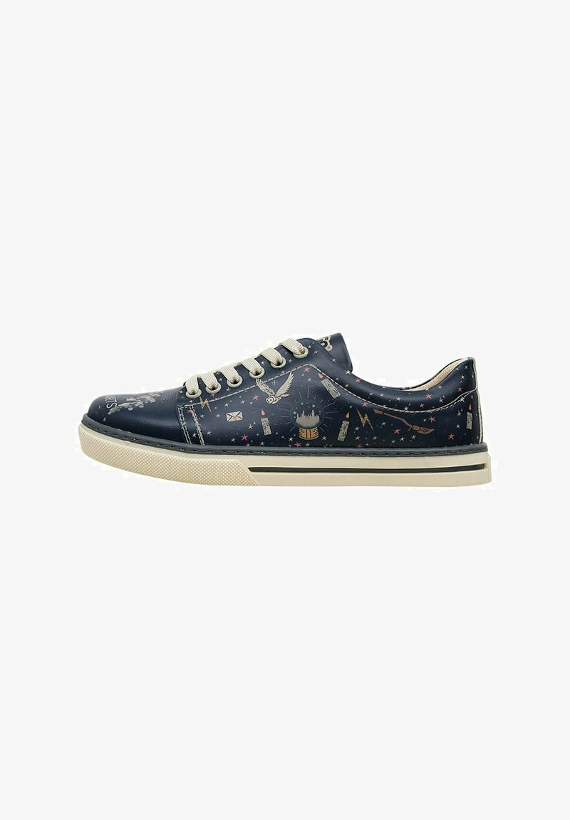 Navy blue sneakers with white rubber sole, patterned with whimsical designs including stars, owls, and various symbols in pastel colors.