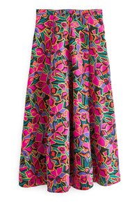 Floral maxi rok in felle roze, paarse en groene kleuren. Heeft een zwarte achtergrond met een levendig bloemenpatroon en een geplooid ontwerp.