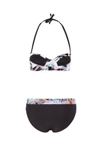 Zweiteiliges Bikini-Set mit schwarzen Badeschlappen und einem geometrisch gemusterten Halsausschnitt-Oberteil mit gepolsterten schwarzen Cups.