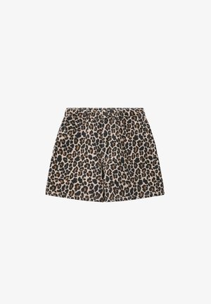 Shorts à imprimé léopard avec une taille élastique, présentant une base beige avec des taches noires et brunes, et une coupe droite. Quatre poches incluses.