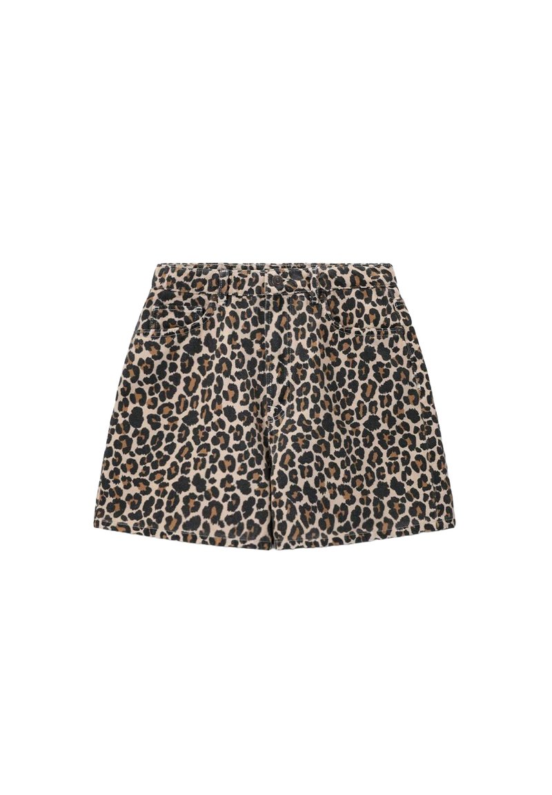 Shorts à imprimé léopard avec une taille élastique, présentant une base beige avec des taches noires et brunes, et une coupe droite. Quatre poches incluses.