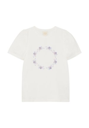Wit T-shirt met korte mouwen en een bloemenkransontwerp in paars en blauw. Gemaakt van zacht stof met een losse pasvorm en een ronde halslijn.