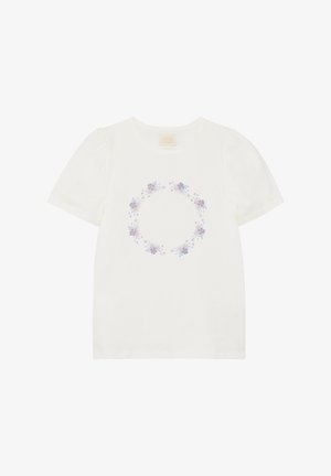 Biała koszulka z krótkim rękawem z motywem kwiatowego wieńca w odcieniach fioletu i niebieskiego. Wykonana z miękkiego materiału, o luźnym kroju i okrągłym dekolcie.