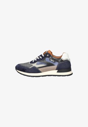 Navy suede sneakers featuring mesh panels, leather accents in gray and tan, white laces, and a black rubber sole. Classic athletic style.