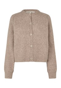 Beige strikket cardigan med rund krage, lukking med seks knapper, ribbestrikkede mansjetter og kant. Myk tekstur med et diskret mønster.