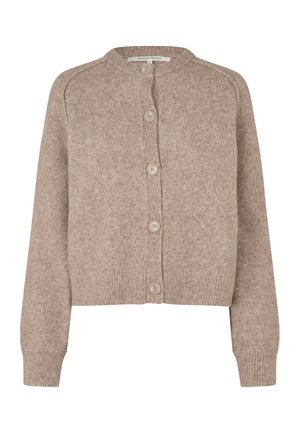 Beige strikket cardigan med rund krave, lukning med seks knapper, ribstrikkede manchetter og kant. Blød tekstur med et diskret mønster.