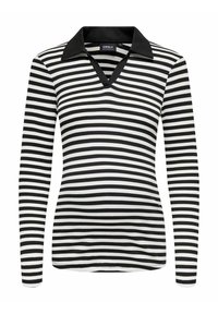 T-shirt de maternité à manches longues avec un motif rayé noir et blanc, décolleté en V et col noir en texture côtelée.