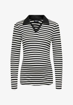 Pikad varrukad rasedate tipp, millel on must ja valge triibuline muster, V-dekoltee ja must ribatud krae.