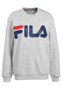 Gray sweatshirt with ribbed cuffs and hem. Features a large, bold FILA logo in navy and red across the front. Classic crew neck design.