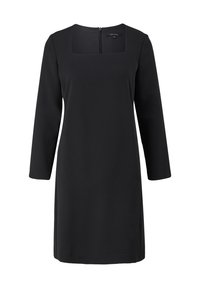 Robe noire à manches longues avec encolure carrée et fermeture éclair au dos, longueur genou, silhouette simple et ajustée.