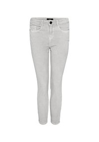 Jean slim gris clair avec bouton et fermeture éclair à l'avant, passants de ceinture et design cinq poches, présenté sur fond blanc.