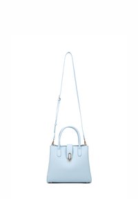 Borsa a mano in pelle azzurro chiaro con una forma strutturata, doppi manici superiori e una tracolla lunga regolabile. Presenta un clasp centrale per la chiusura.