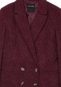 Blazer doppiopetto in velluto a coste borgogna con rever a punta, quattro bottoni e tasche a toppa, taglia S di Calliope.