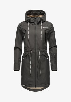 Juodas vandeniui atsparus švarkas su kapisonu, užtrauktuku priekyje ir šoniniais kišeniais, reguliuojamais raišteliais ir elastinėmis rankogaliais; lygus audinio paviršius.