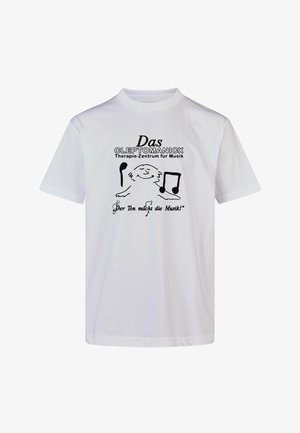White cotton t-shirt featuring black graphic text and illustration. Central design depicts a smiling character with musical notes.