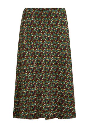 Mid-length skirt with an elastic waistband, featuring a multicolored leaf pattern on a dark burgundy background. Soft fabric texture.