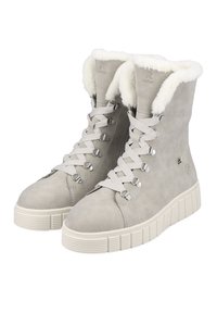 Graue Schnürstiefel aus Wildleder, mit einem flauschigen weißen Kunstfellkragen, strukturiierter Gummisohle und Metallösen für die Schnürsenkel.