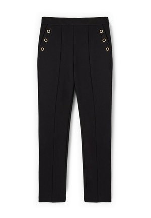Black trousers featuring a smooth fabric with a tailored fit, vertical pleats, and gold-tone grommet accents on the front.