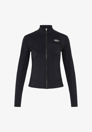 Czarna kurtka zapinana na zamek, wykonana z gładkiego, elastycznego materiału. Posiada wysoki kołnierz oraz logo na górnej lewej stronie, wąski krój.