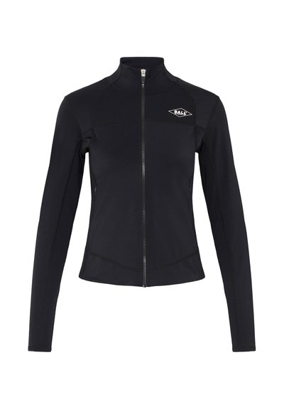 Juodas užtrauktuku užsegamas džemperis, pagamintas iš lygios, tamprių medžiagų. Pasižymi aukšta apykakle ir logotipu kairėje viršuje, su plono silueto dizainu.