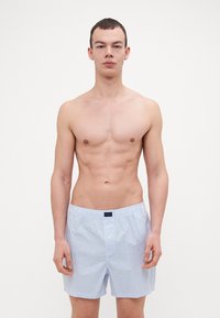 Svetlo modri in beli prugasti bokserji z elastičnim pasom in enojnim gumbom, ki prikazujejo gladko bombažno teksturo.