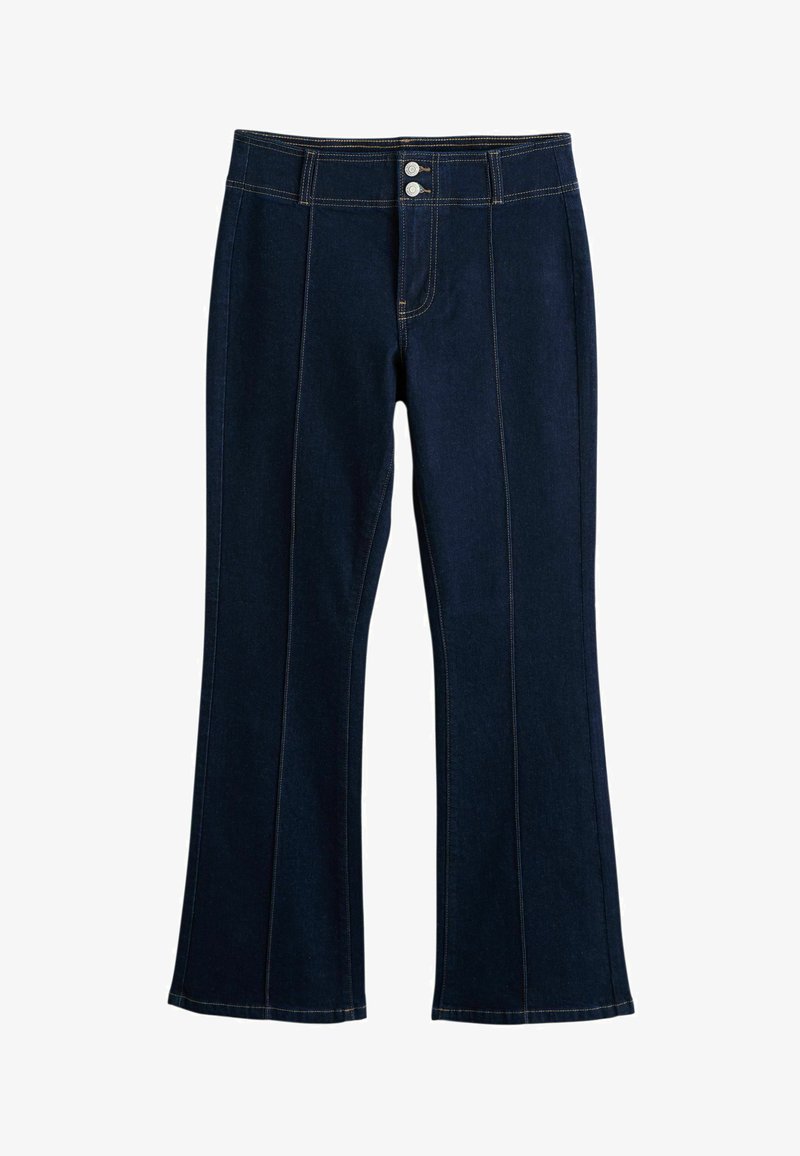 Sötétkék farmernadrág széles szárakkal, elülső varrással, dupla gombzárral és sárga kontrasztos varrással.