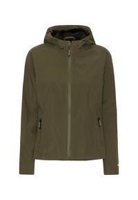 Chaqueta softshell verde oliva con cremallera frontal, capucha ajustable y dos bolsillos laterales. Textura suave y corte entallado.