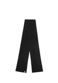 Czarny prążkowany szalik wykonany z miękkiego materiału; długi, prostokątny kształt o subtelnej teksturze; posiada małą metkę z logo na jednym końcu.