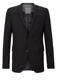 Czarny żakiet o dopasowanym kroju, z jednolitym zapięciem na guzik, klapami o szpiczastym kształcie i kieszenią na piersi. Gładka tekstura z satynową podszewką.