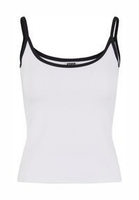 Hvit tanktopp med en tettsittende design, med svart kant langs halsen og stroppene. Laget av et glatt, elastisk stoff.