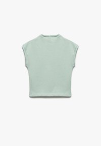 Miętowo-zielony skrócony t-shirt wykonany z miękkiej, prążkowanej tkaniny, z krótkimi rękawami i okrągłym dekoltem, z bezszwowym wykończeniem.