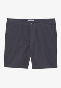 Navy blue cotton shorts with a button closure, side pockets, and visible stitching details throughout; straight leg design.