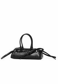 Geantă de umăr din piele neagră, cu un finisaj texturat, mânere rotunjite, accente de hardware argintiu și curele detașabile. Închidere cu fermoar în partea de sus.