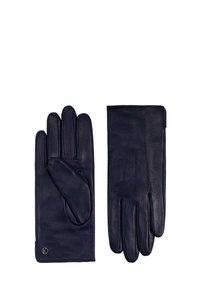 Navy leather gloves, featuring a smooth texture, four fingers, and a fitted design with subtle stitching and a small logo on the wrist.