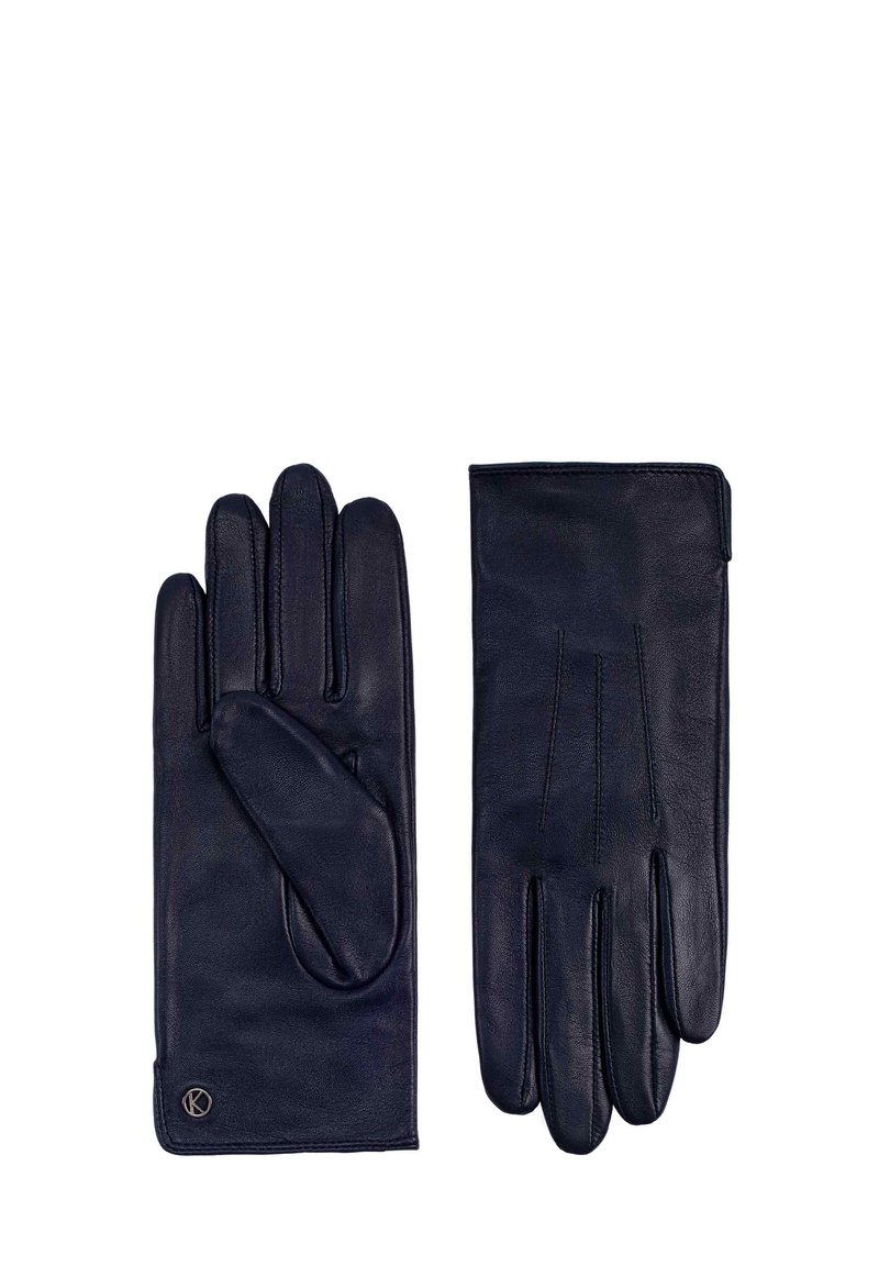 Navy leather gloves, featuring a smooth texture, four fingers, and a fitted design with subtle stitching and a small logo on the wrist.