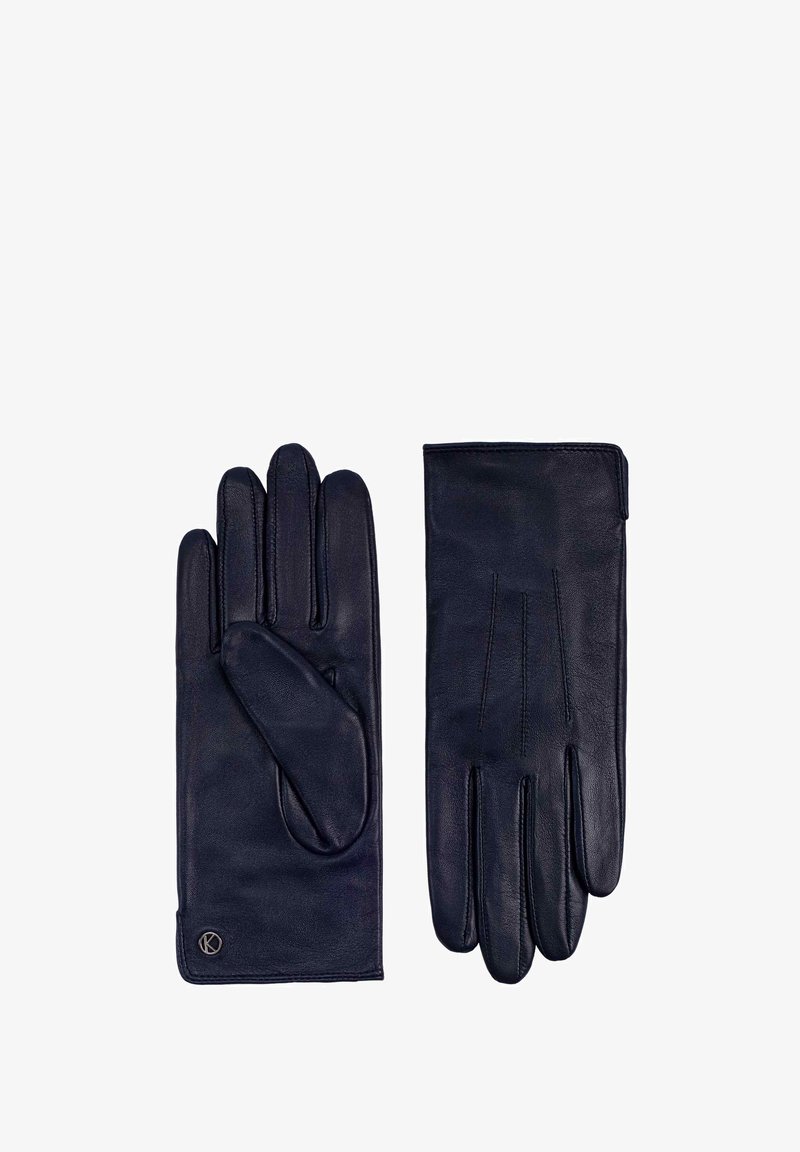 Navy leather gloves, featuring a smooth texture, four fingers, and a fitted design with subtle stitching and a small logo on the wrist.