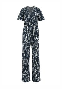 Mörkblå jumpsuit med vita abstrakta mönster, V-ringning, korta ärmar, åtsittande midja med bälte och vida byxor.