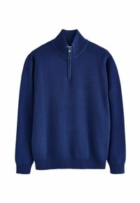 Marineblauer Pulli mit hohem Rippkragen, halbem Reißverschluss am Hals und gerippten Bündchen sowie Saum. Weiche Strickstruktur, lockere Passform.