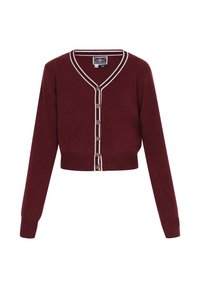 Burgundy cropped cardigan with a V-neck, white striped trim, ribbed cuffs, and six button closure, made of soft knitted fabric.