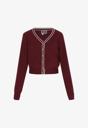 Cardigan corto borgogna con scollatura a V, bordo a strisce bianche, polsini a coste e chiusura con sei bottoni, realizzato in morbido tessuto a maglia.