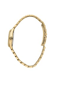 Orologio da polso in tonalità oro con cassa curvata, bracciale a maglie arrotondate e finitura lucida; presenta un accento di gemma sulla corona.