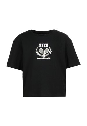 Black cotton T-shirt with a crew neck, short sleeves, featuring a white graphic print of crossed tennis rackets and laurel leaves.