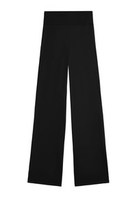 Schwarze weit geschnittene Hosen mit glatter Textur, hohem Bund und ohne sichtbare Nähte oder Taschen. Klassisches, minimalistisches Design.