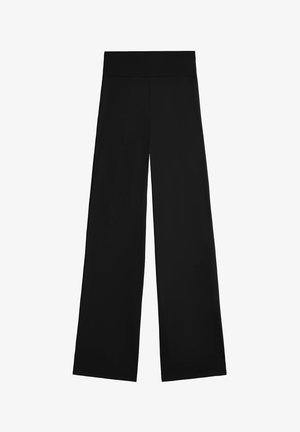 Svarta vida byxor med en slät textur, hög midja och utan synliga sömmar eller fickor. Klassisk, minimalistisk design.