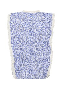Top a fantasia floreale blu e bianca, con scollatura ondulata e dettagli in pizzo texturizzato lungo i bordi. Chiusura con bottone sul retro.