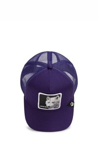 Purple cap with mesh back, featuring an embroidered wolf design on a rectangular patch. Adjustable strap, structured shape, and smooth texture.