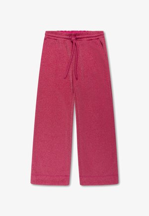 Fuchsia wijde broek van zacht, gestructureerd materiaal, met een elastische tailleband en koord, zijzakken en een gladde afwerking.